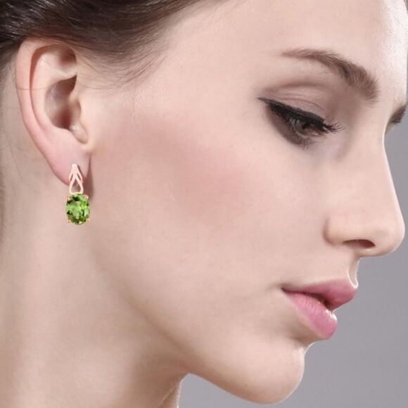18K Rose Gold 925 with 3.60 Cttw Peridot Oval Post Back Drop Earrings - Picture 3 of 4